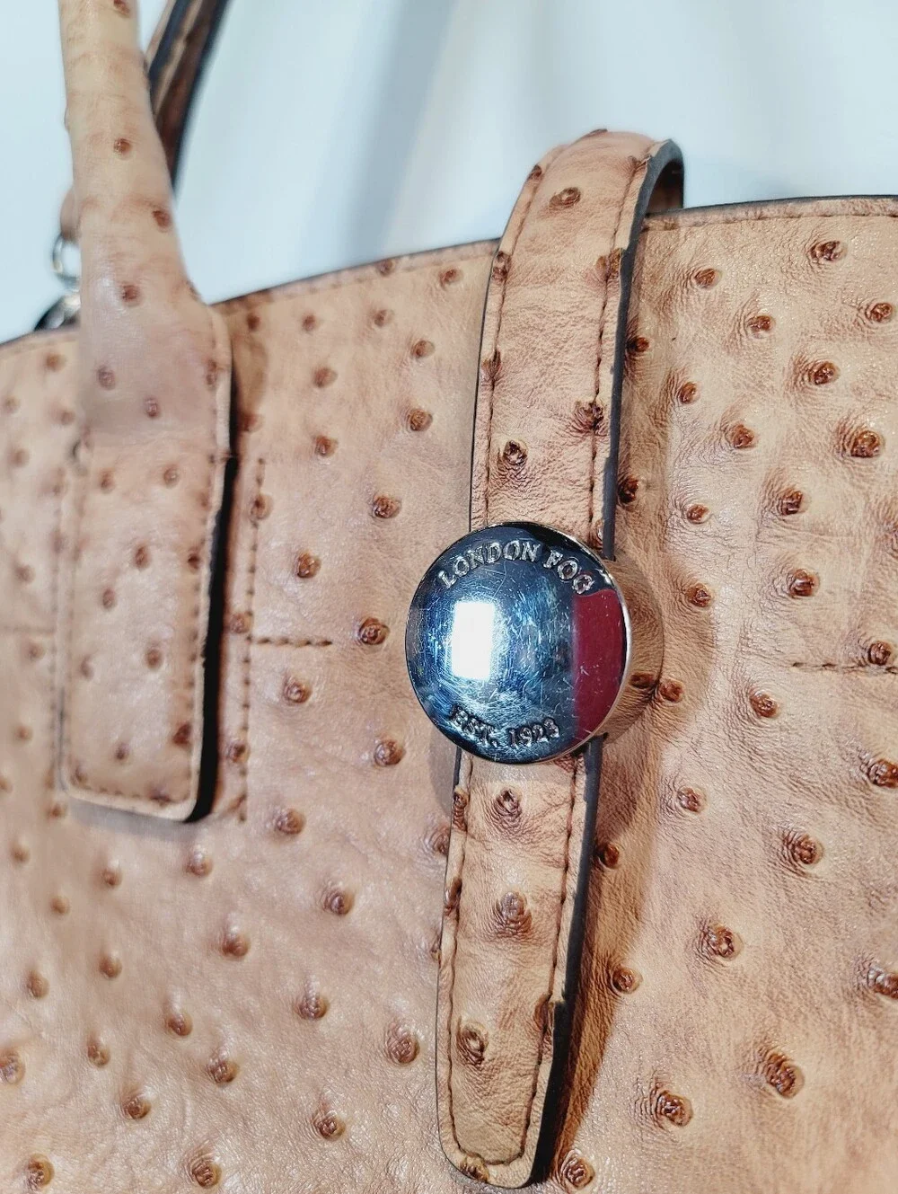 London Fog Faux Ostrich Satchel Purse in Camel Tan